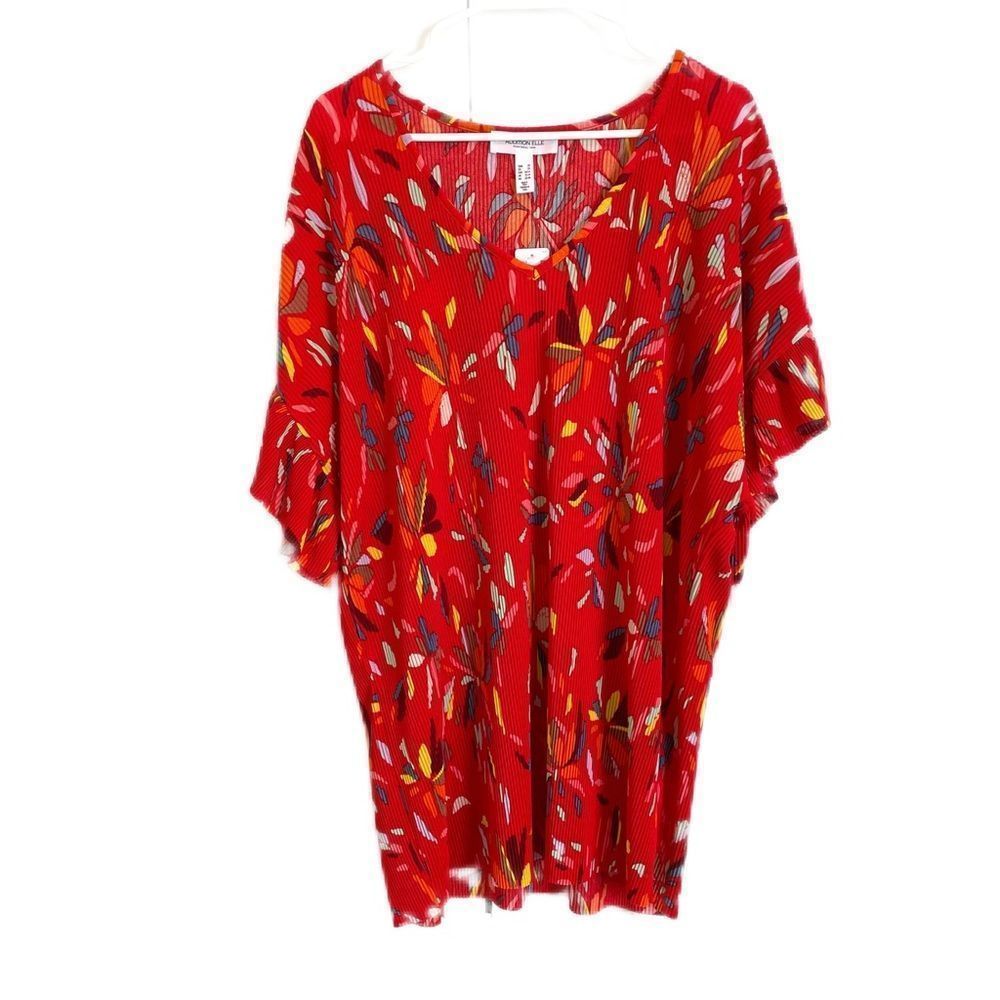 Addition Elle V Neck Ruffle Sleeve Floral Red Top 2X NWT
